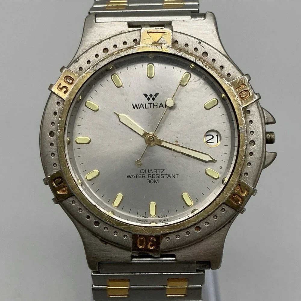 Waltham Mens Watch 36mm Silver Gold Tone Date XKE015-025 For Parts Not Running